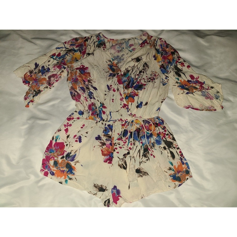 Umgee Floral Romper Womens Large Cream Multicolor V-Neck Tassel Flutter Sleeve